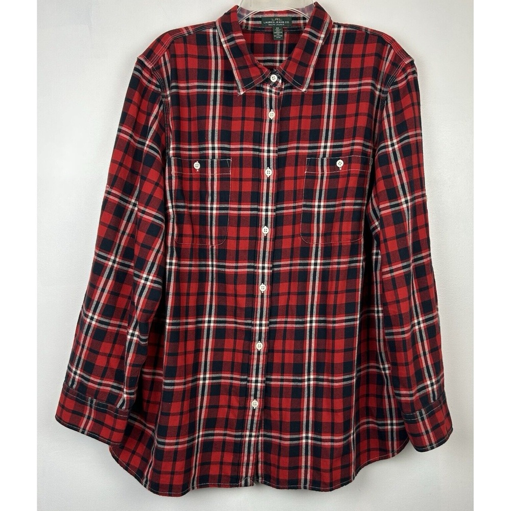 LRL Ralph Lauren Jeans Co Flannel Shirt Womens 2X Red Plaid Red Black Holiday